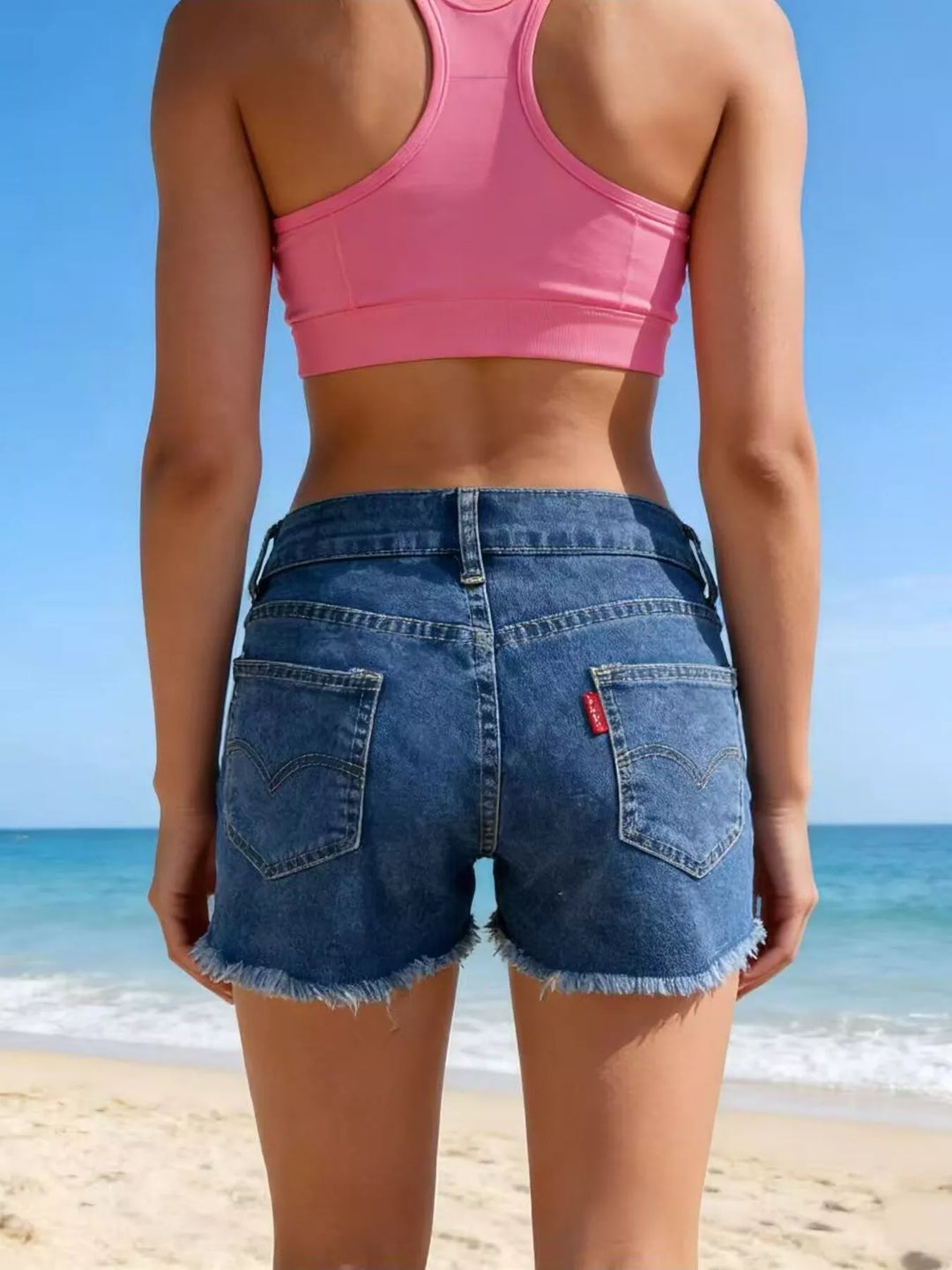 Raw hem denim shorts with frayed edges and five-pocket styling