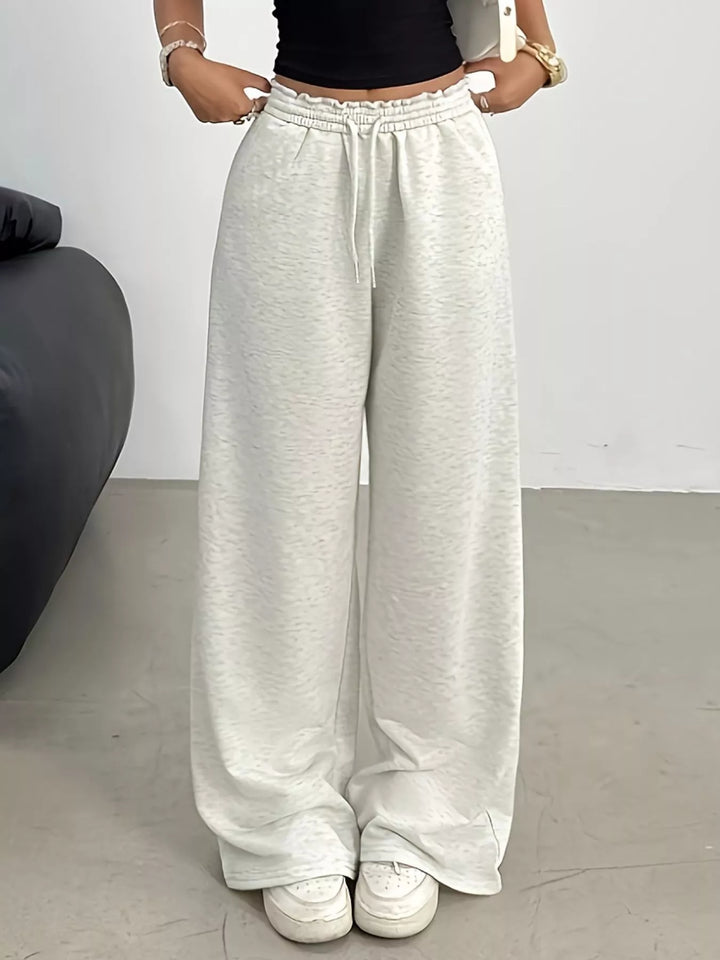 Wide-leg drawstring sweatpants with ruffled elastic waist