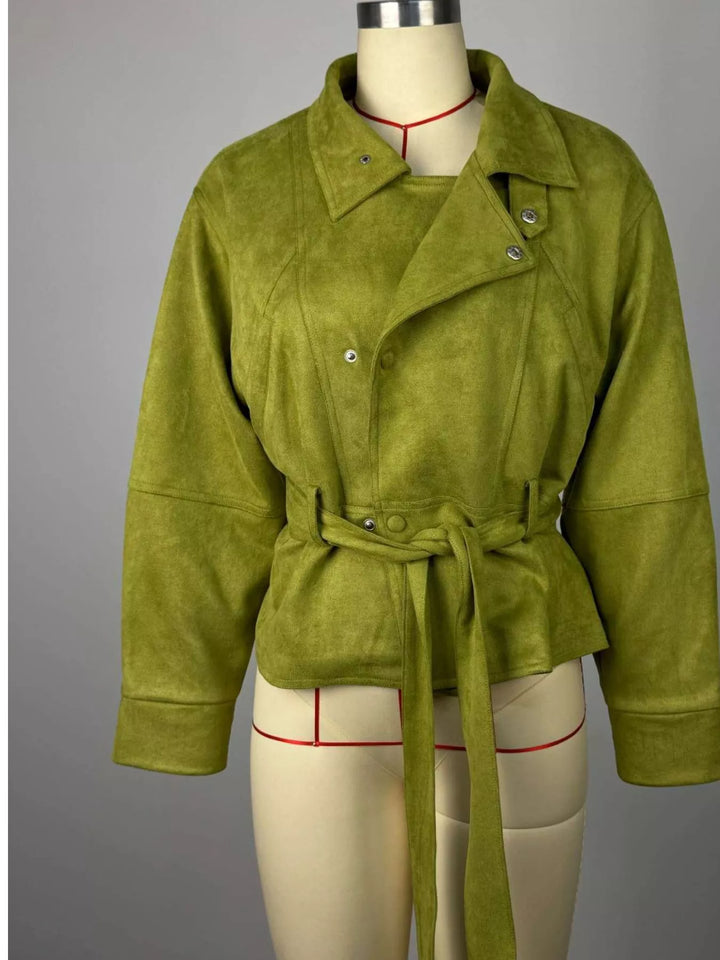 Tie waist cropped jacket with stand collar and snap front