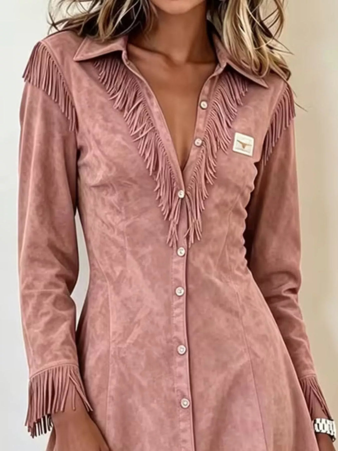 Fringe-trim faux suede button-down midi shirt dress