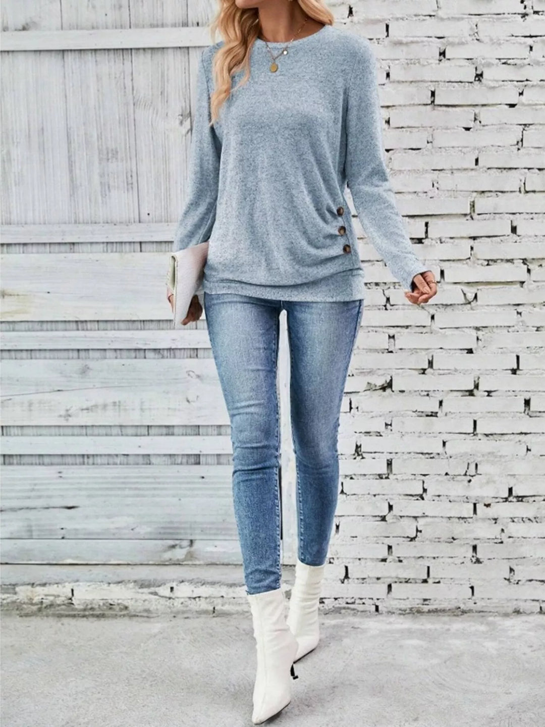 Decorative side-button long sleeve knit top