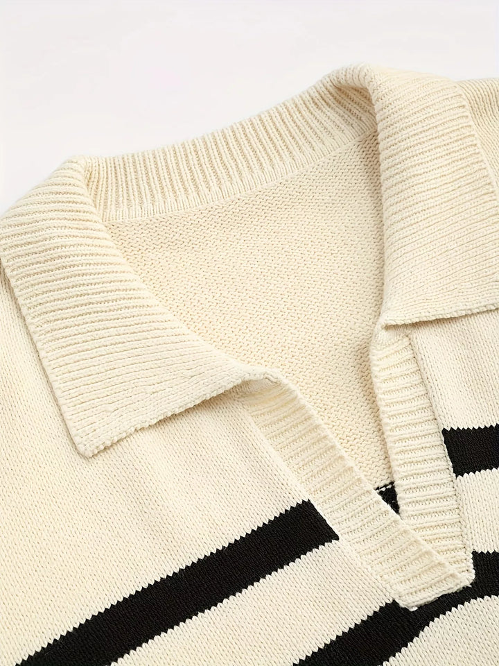 Striped polo collar ribbed knit sweater
