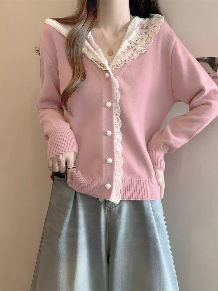 Lace collar knit cardigan with pearl buttons