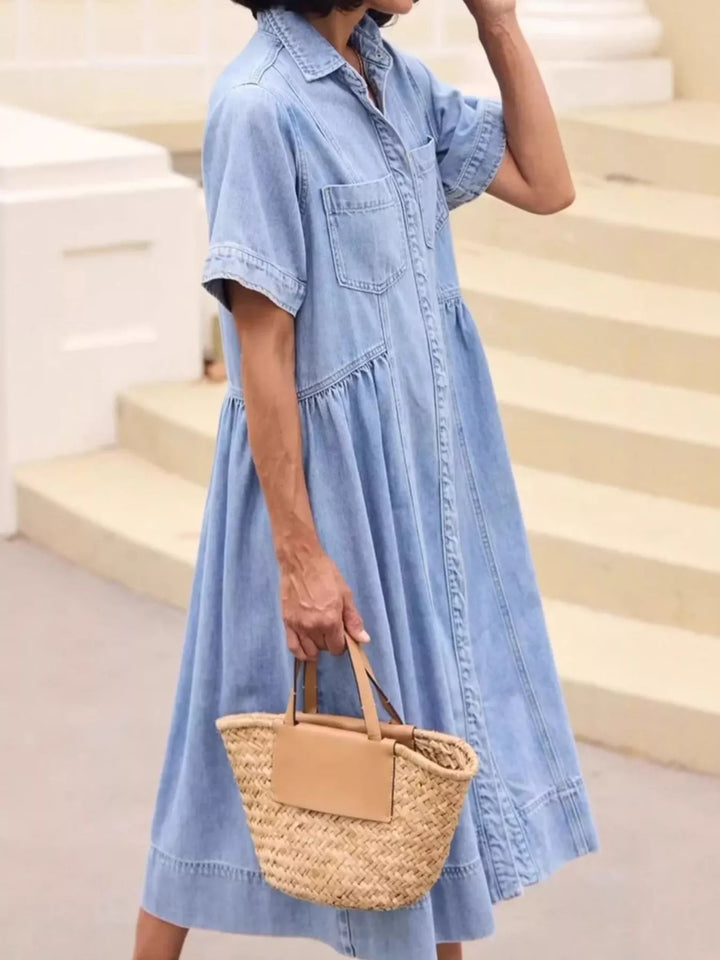Button-front denim midi shirt dress with tiered skirt