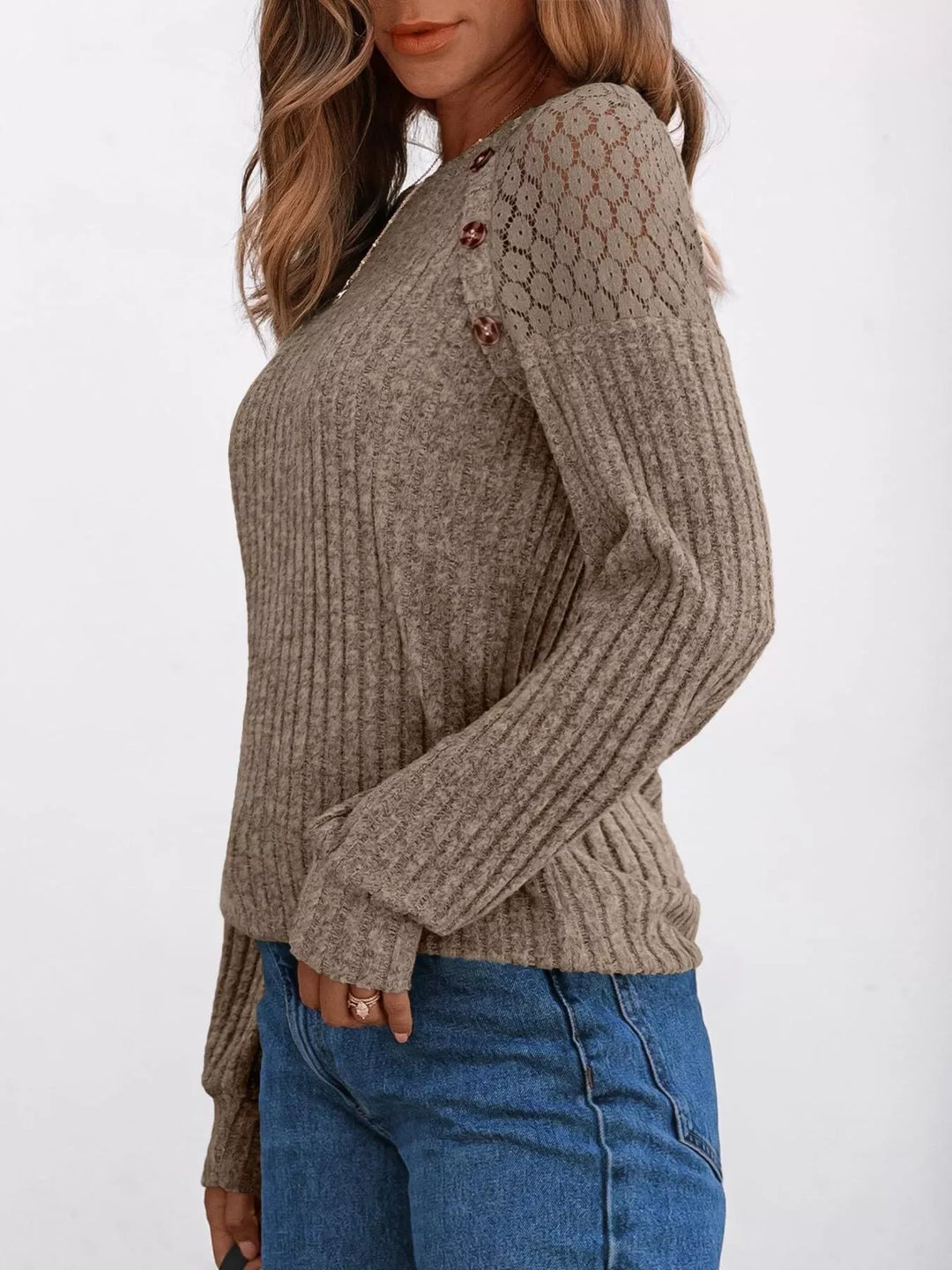 Ribbed knit long sleeve top with lace shoulder detail