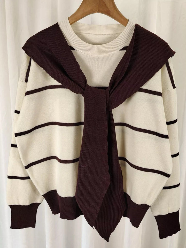 Striped tie-front round neck sweater with long sleeves