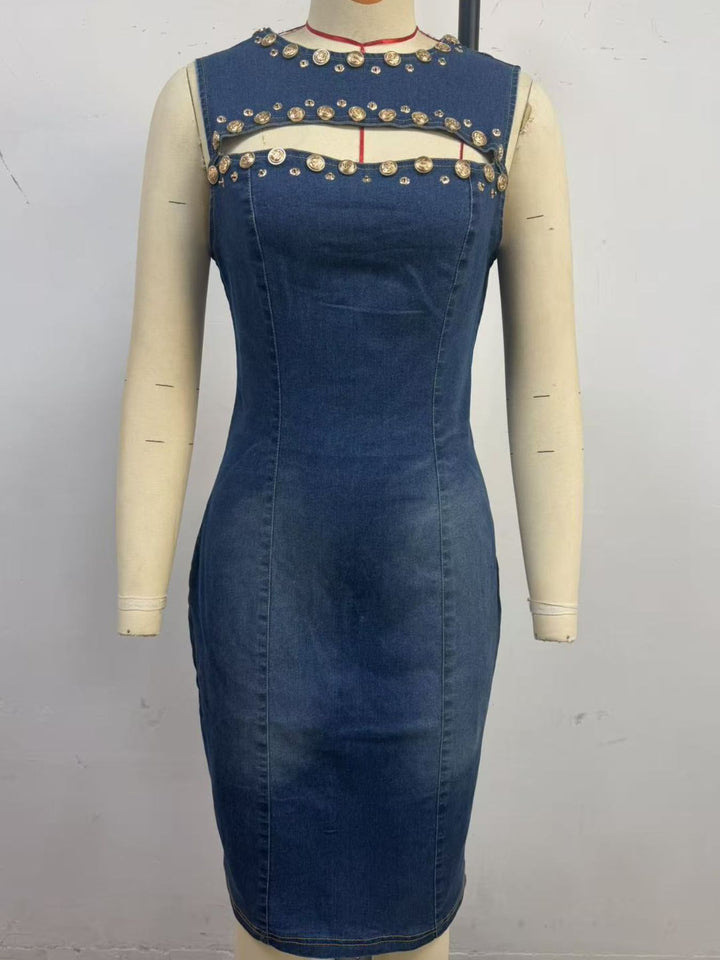 Studded cutout sleeveless denim mini dress