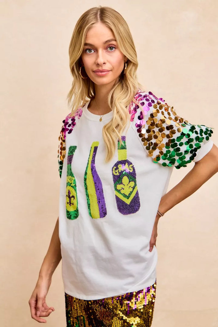 Sequin Mardi Gras bottles graphic tee with paillette sleeves