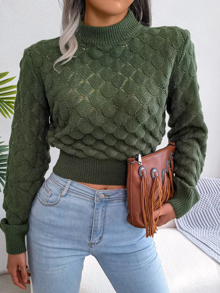 Openwork scallop knit mock neck cropped sweater