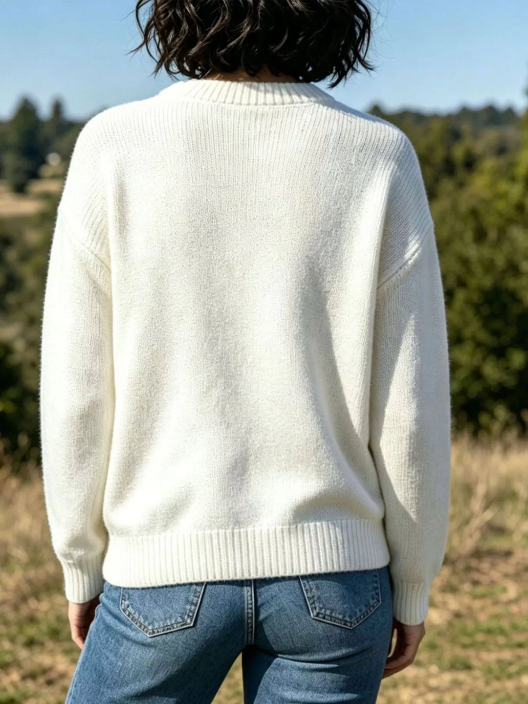Lobster intarsia knit crew neck sweater with ribbed trim