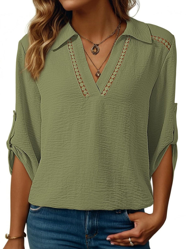 Johnny collar blouse with crochet lace trim and roll-tab sleeves