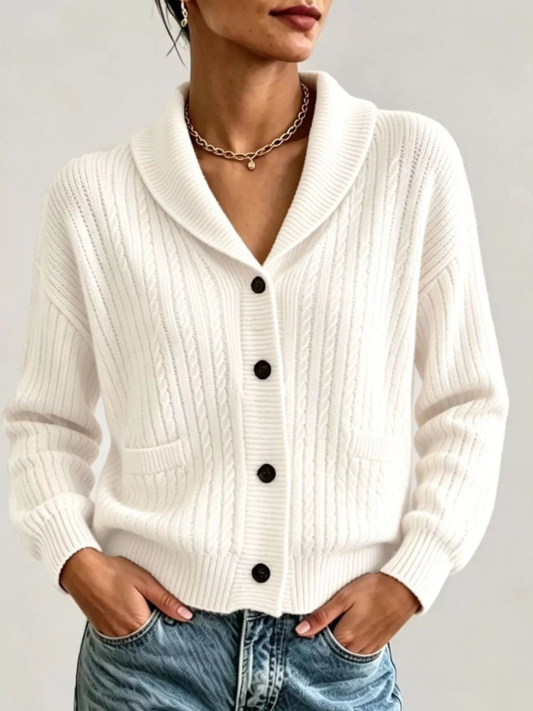 White Shawl collar cable knit cardigan with patch pockets