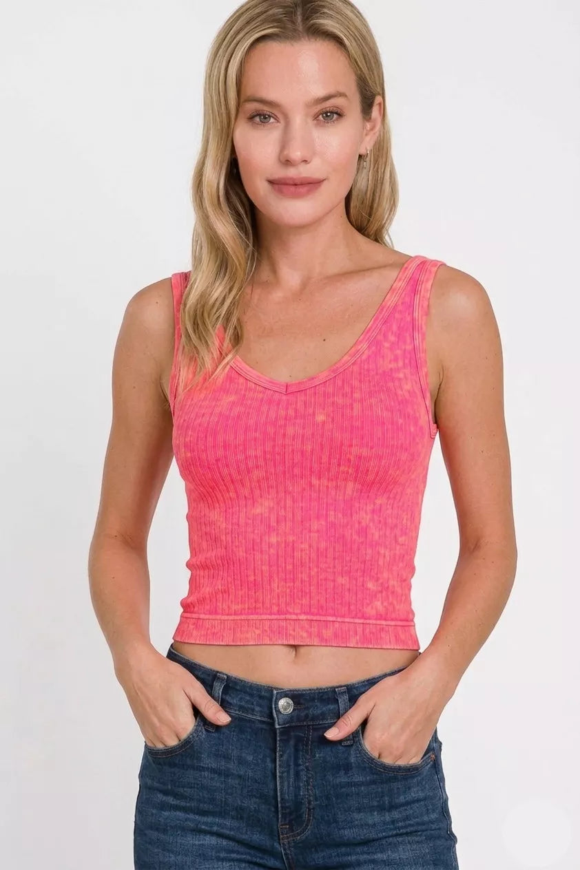 Washed ribbed seamless cropped V-neck tank top