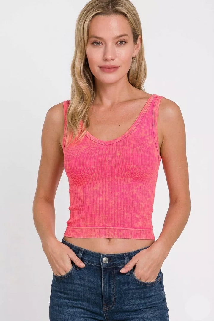 Washed ribbed seamless cropped V-neck tank top