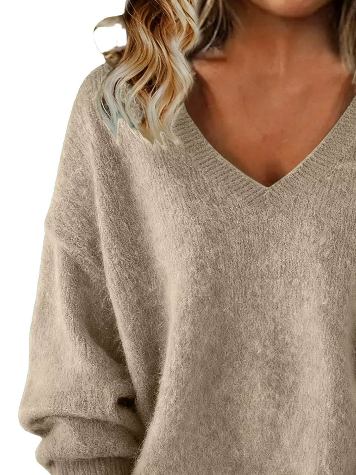 Dropped-shoulder V-neck brushed knit sweater