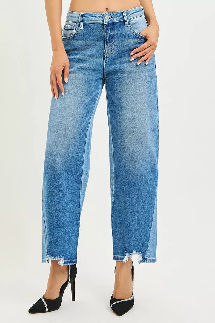 Slouchy cropped barrel-leg jeans with contrast wash and raw hem
