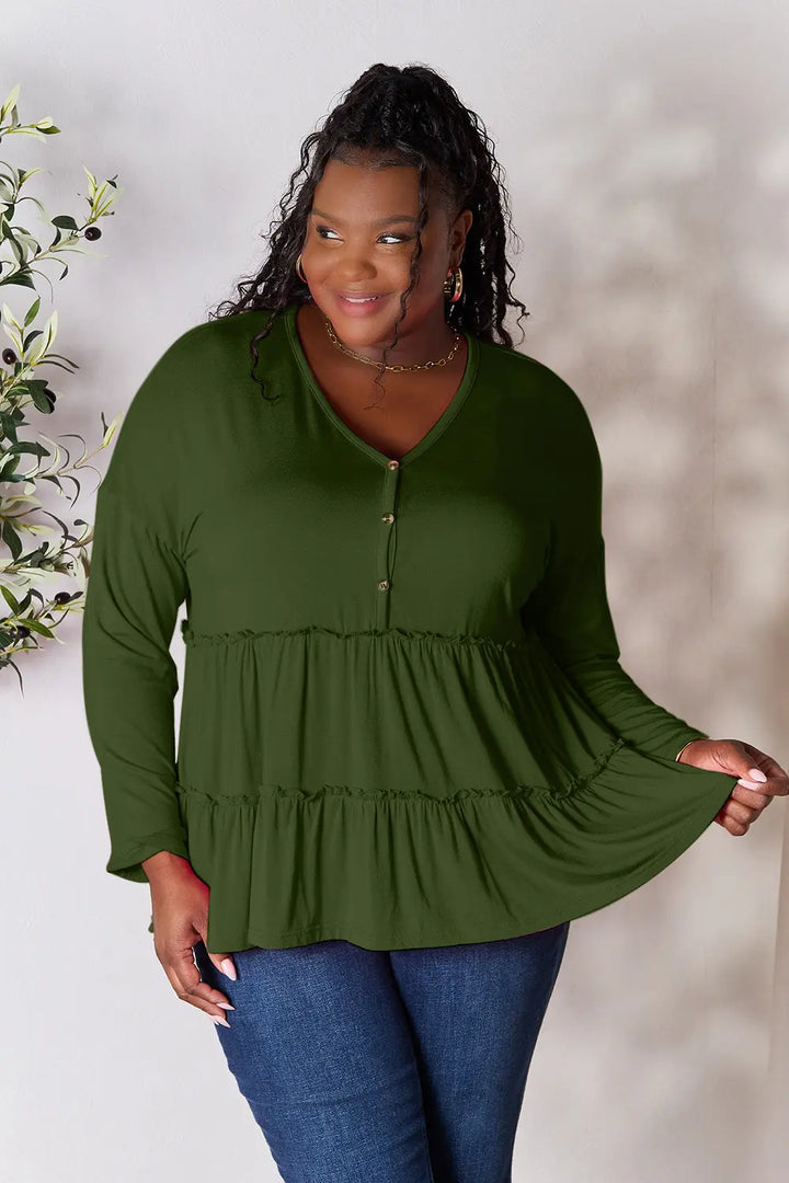 Army Green Half-button long sleeve blouse with tiered ruffle hem