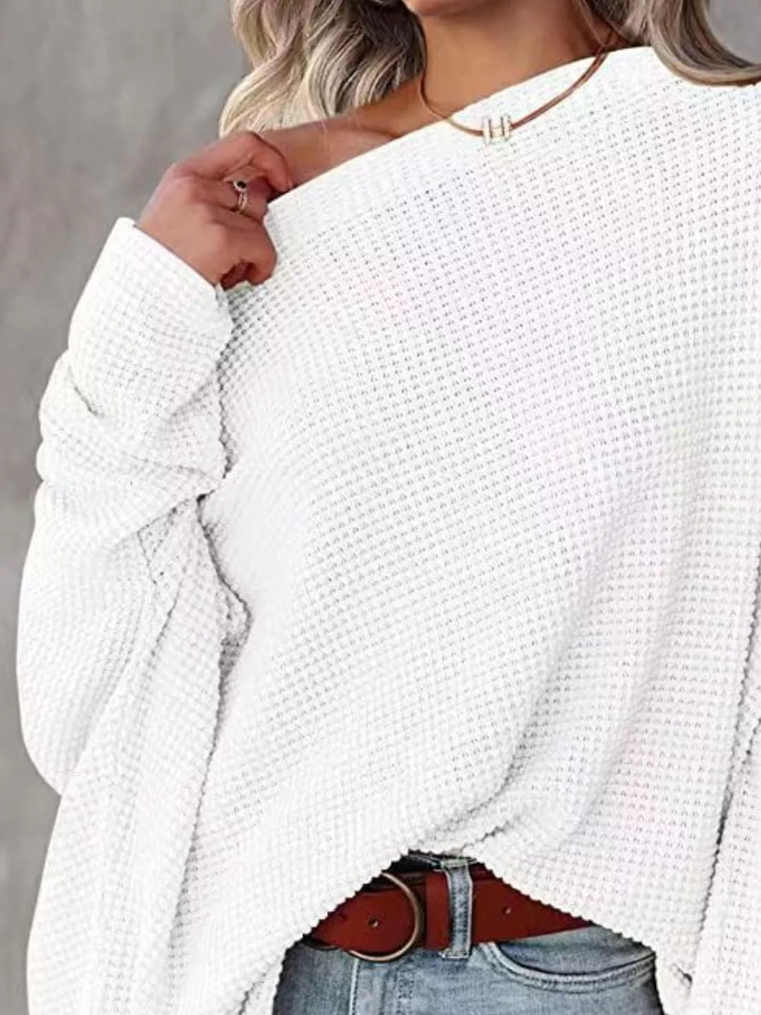 White Oversized waffle-knit boat neck long sleeve top