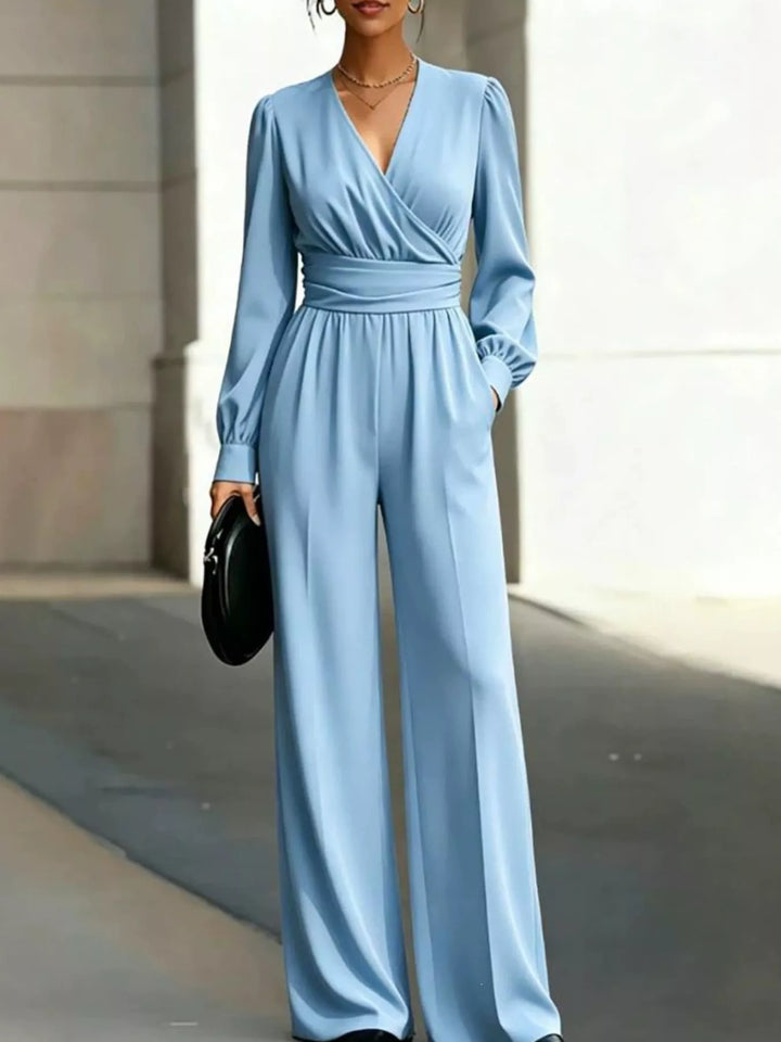 Light Blue Surplice wrap long sleeve wide-leg jumpsuit with pockets