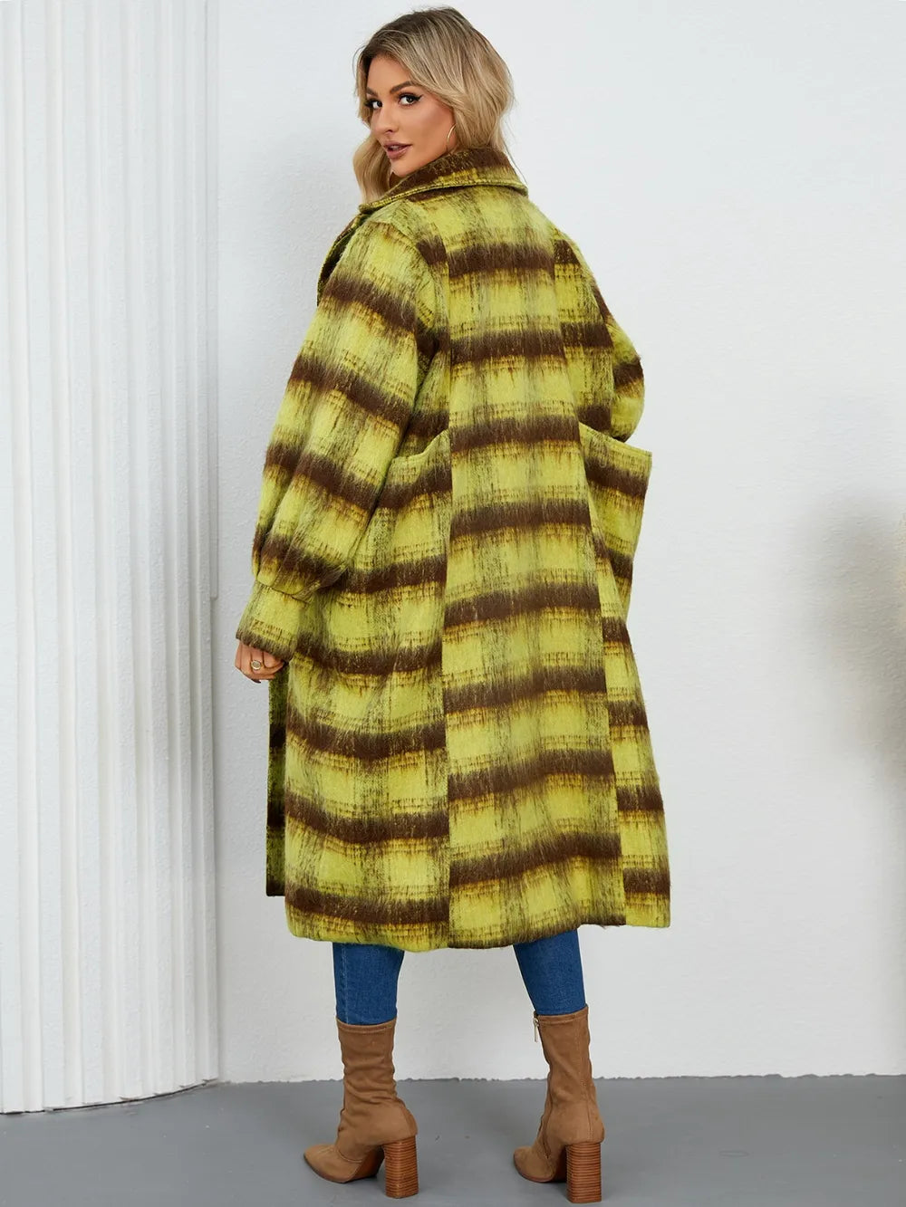 Plaid double-breasted longline coat with notch lapel