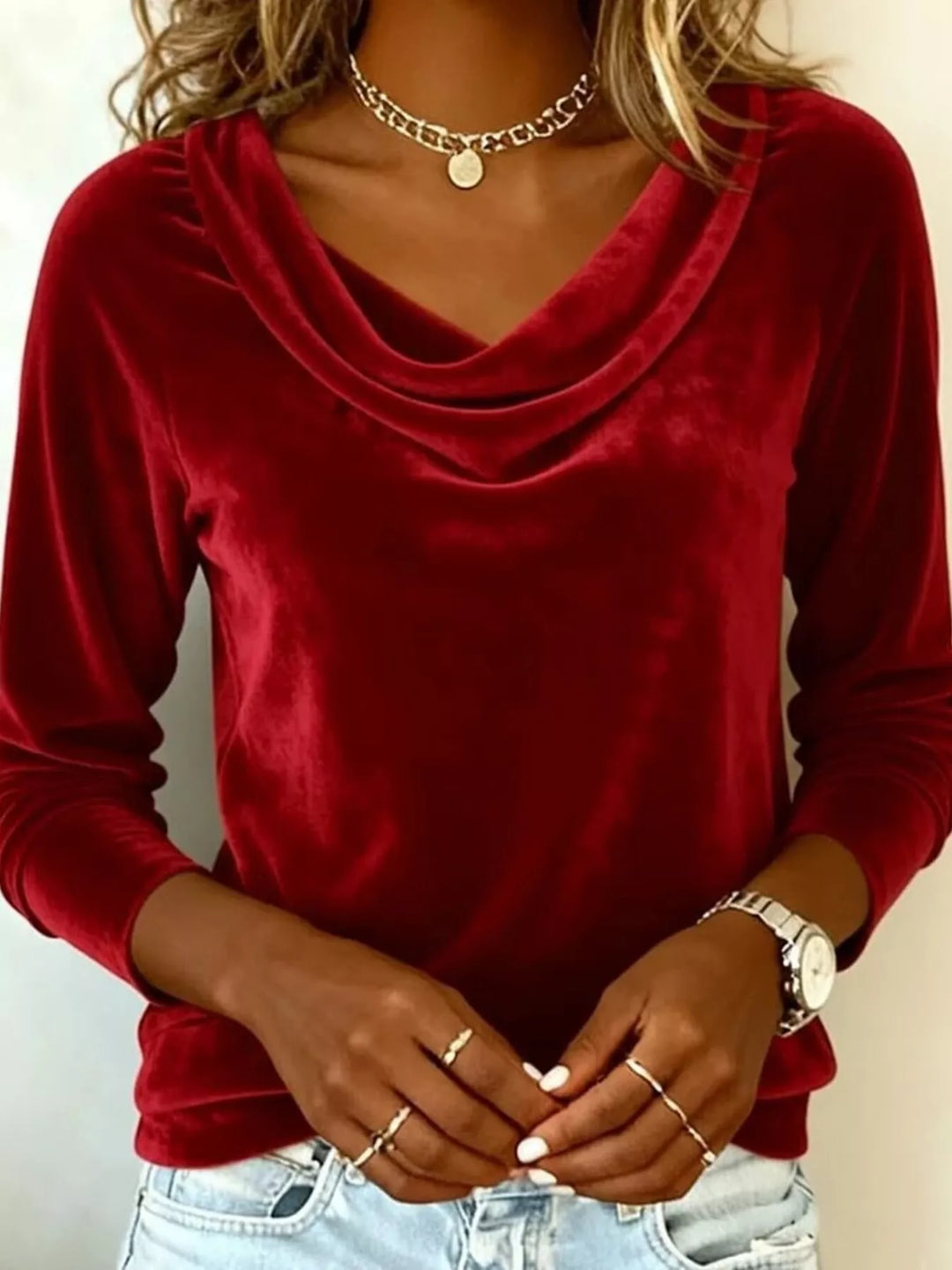 Velvet cowl neck draped long sleeve top