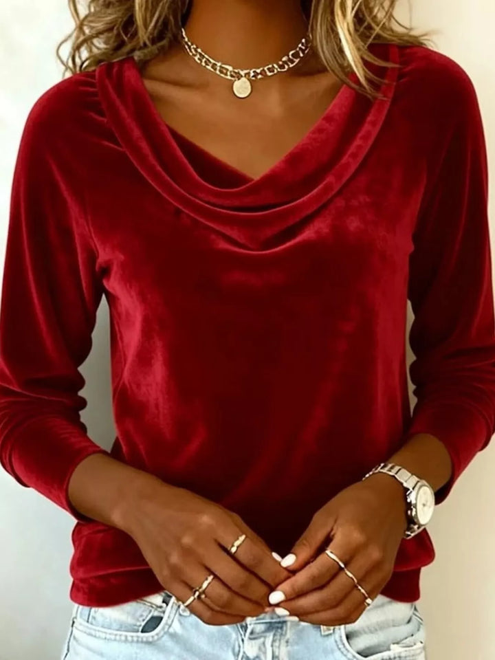 Velvet cowl neck draped long sleeve top