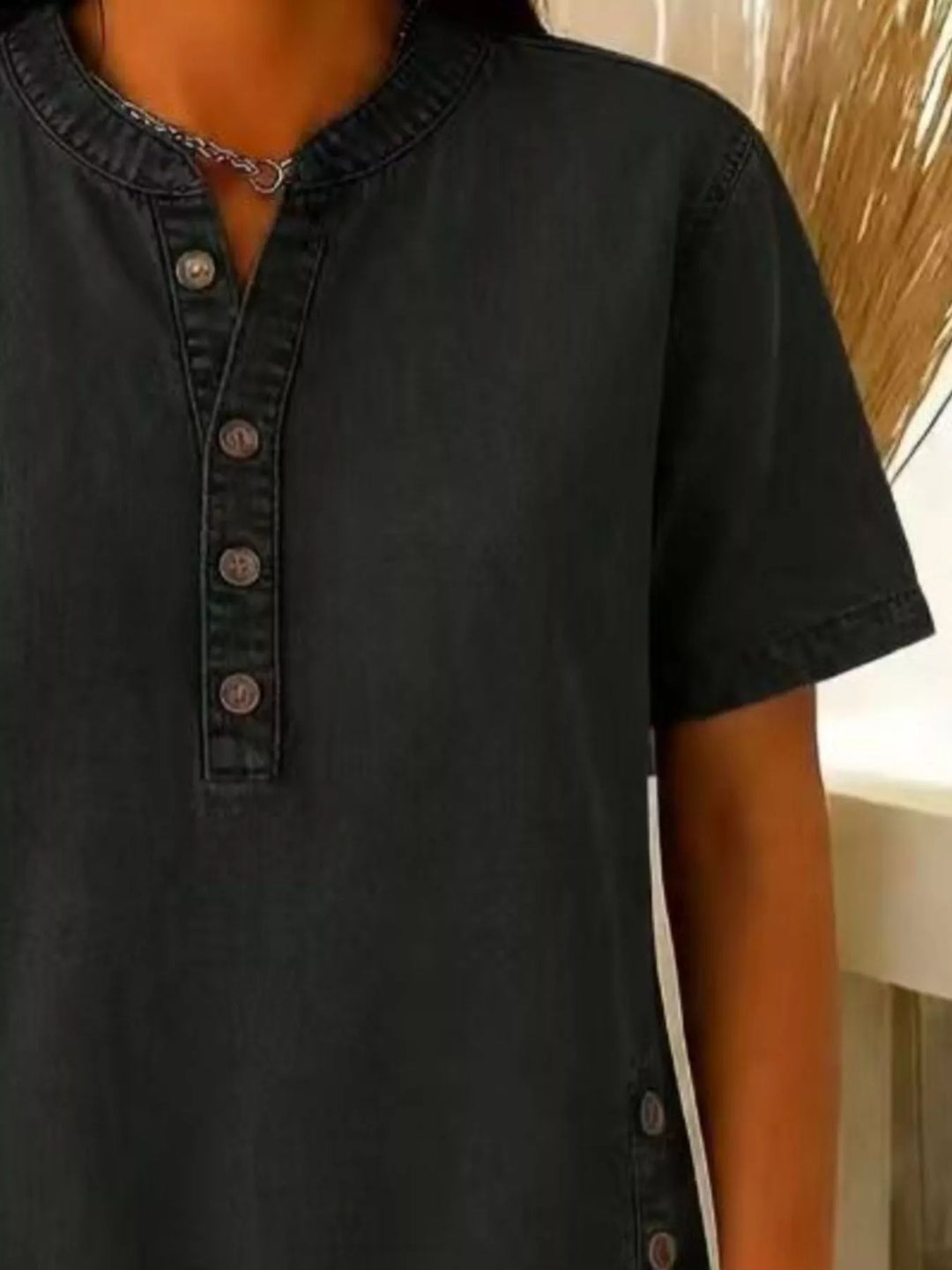 Denim-look button-front short sleeve blouse with side slits