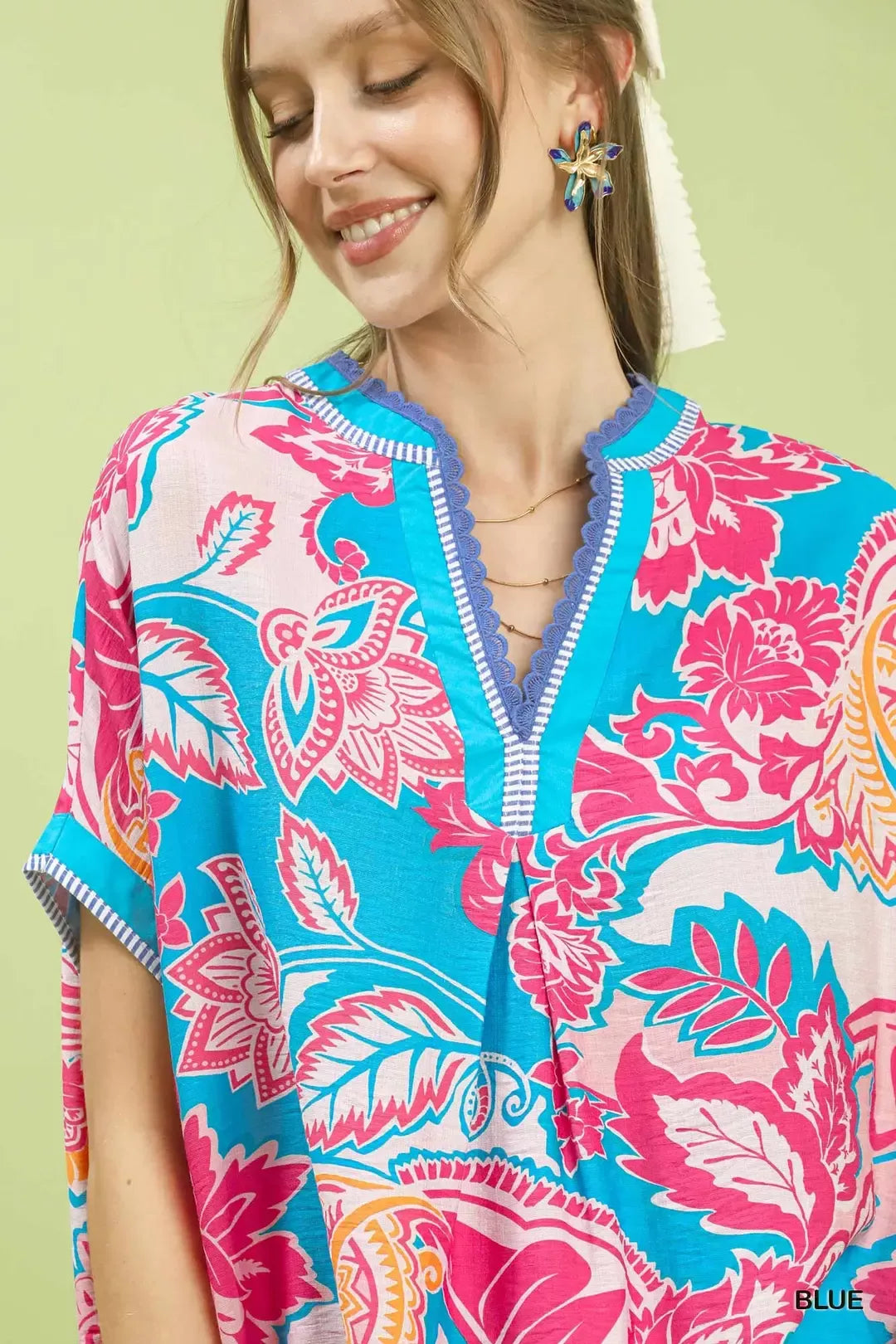 Abstract floral print oversized split-neck top