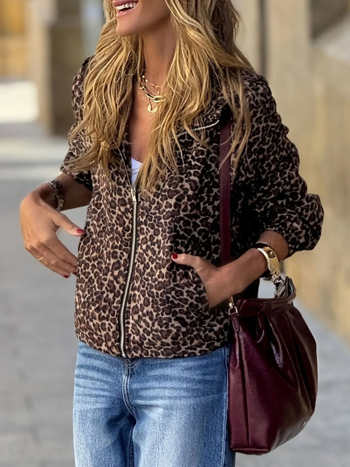 Leopard print zip-up hooded jacket with side pockets