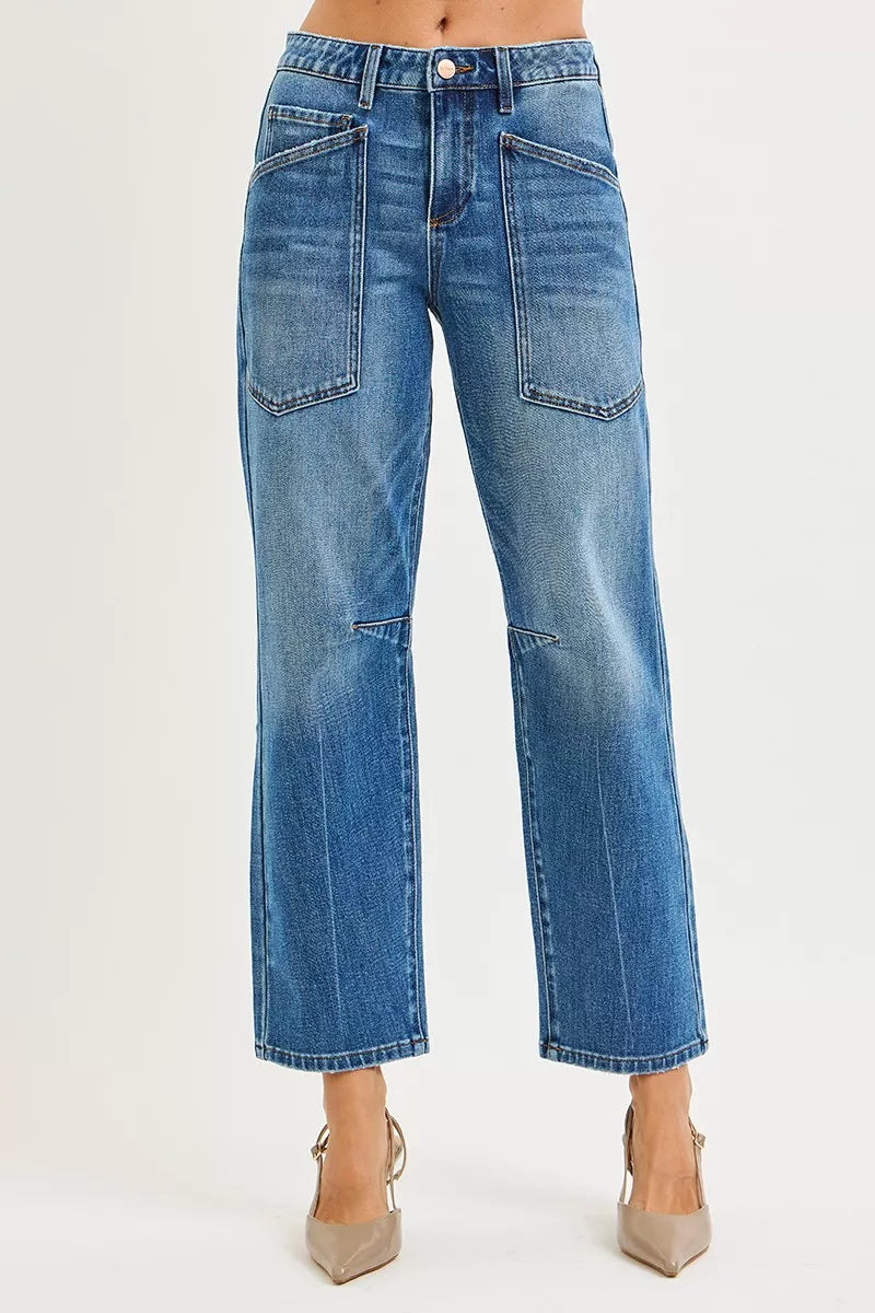 Mid-rise barrel leg jeans with front patch pockets