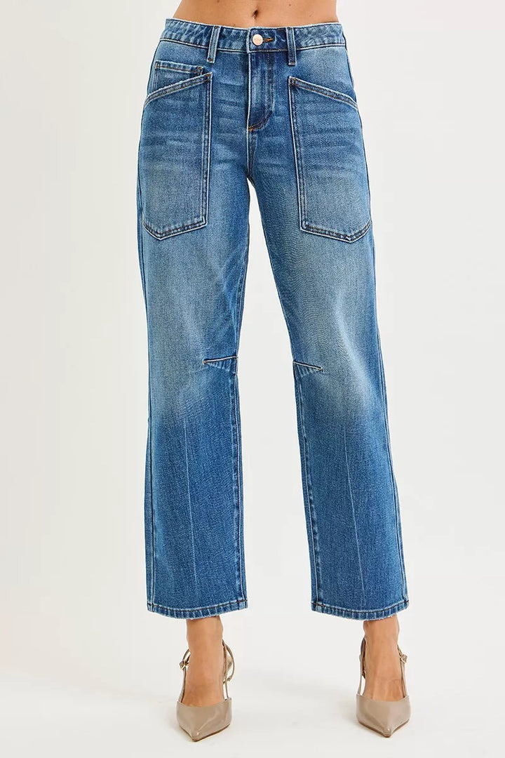 Mid-rise barrel leg jeans with front patch pockets