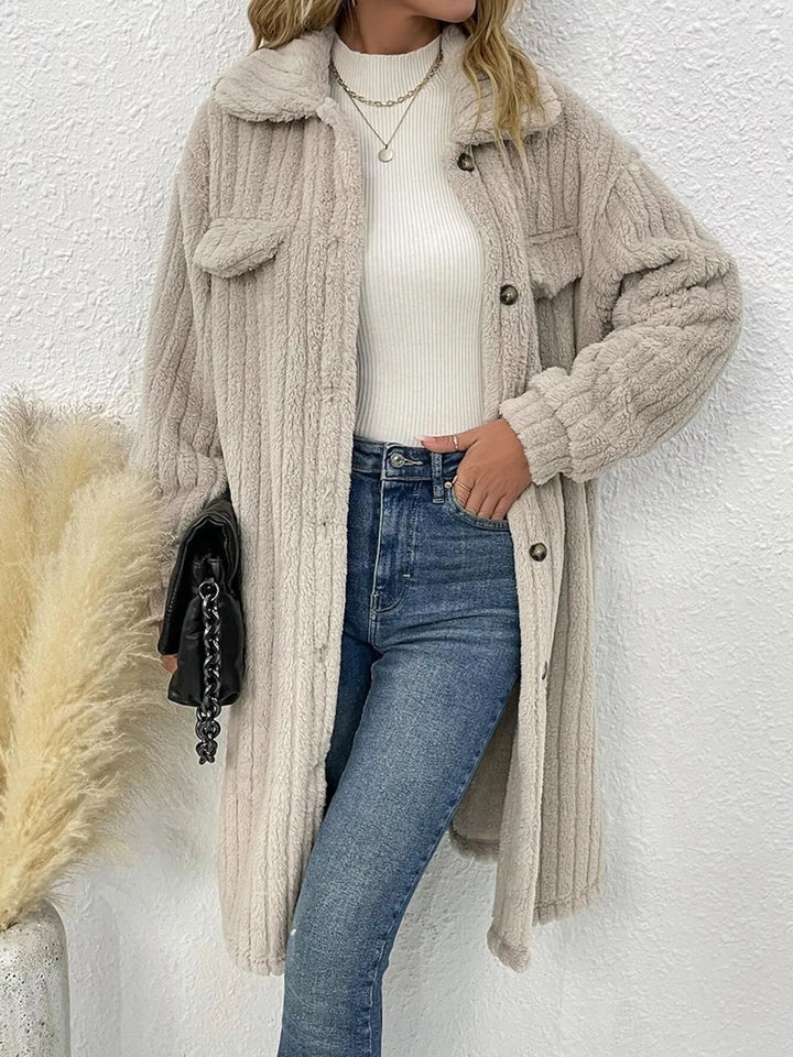 Ribbed fleece longline button-down coat with flap pockets