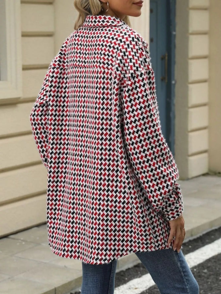 Houndstooth button-up shacket coat with chest pocket