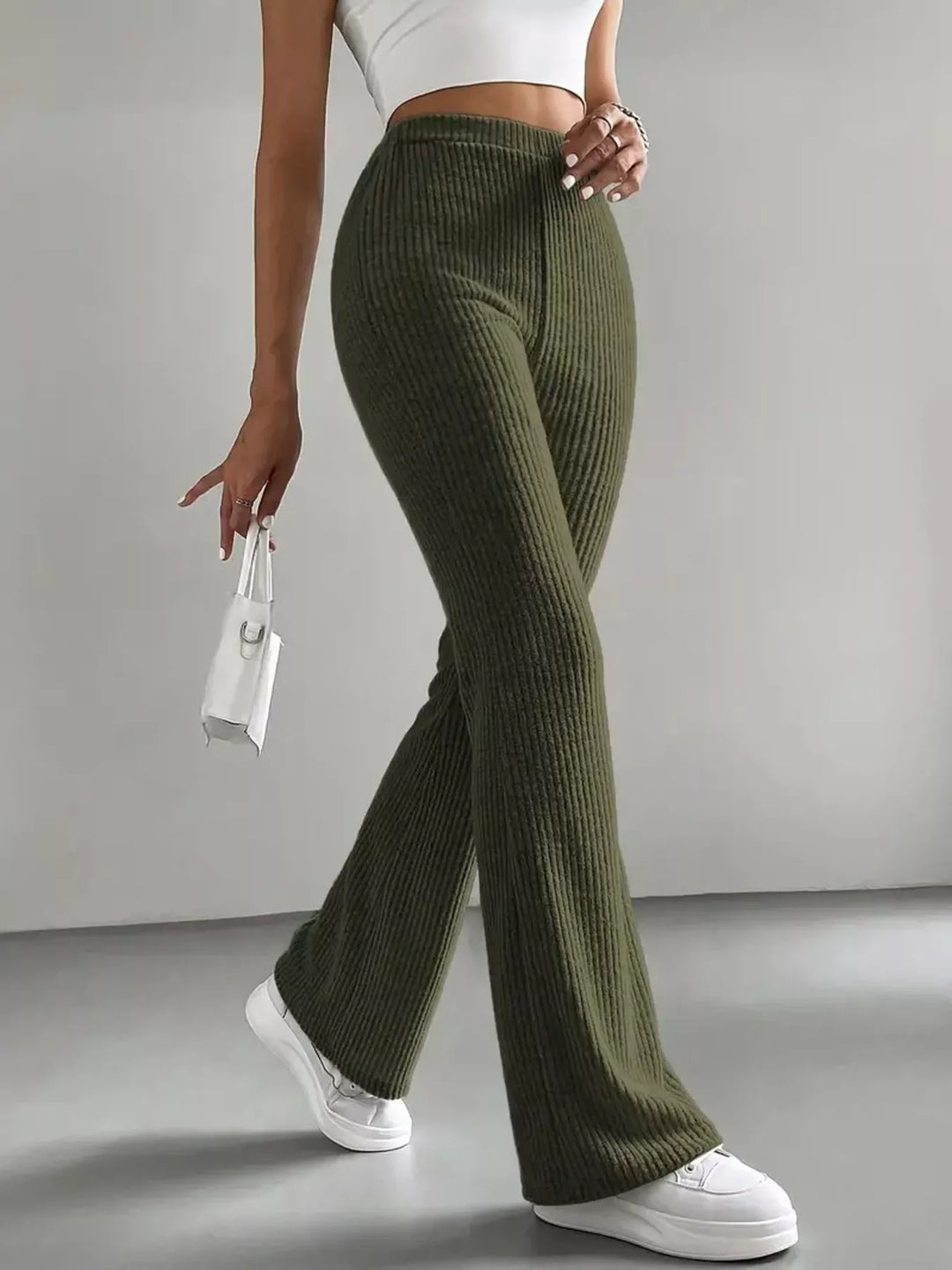 High-rise ribbed knit flare pants