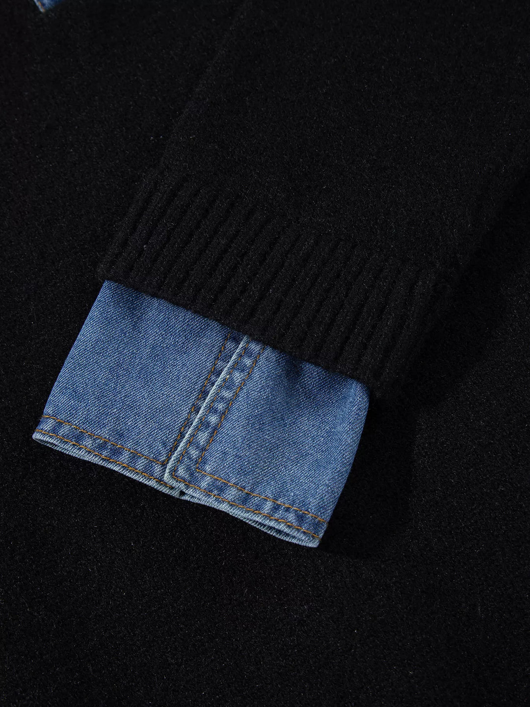 Denim collar knit sweater with button placket and cuffs