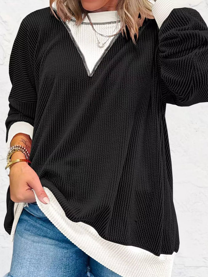 Contrast-trim ribbed dropped-shoulder sweatshirt