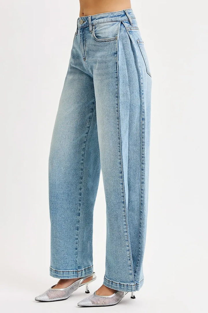 Mid-rise wide barrel jeans with adjustable snap hem
