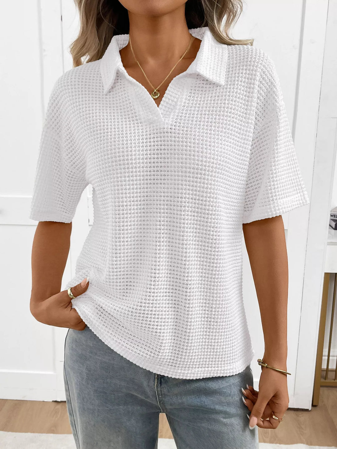 Striped waffle-knit collared short sleeve top