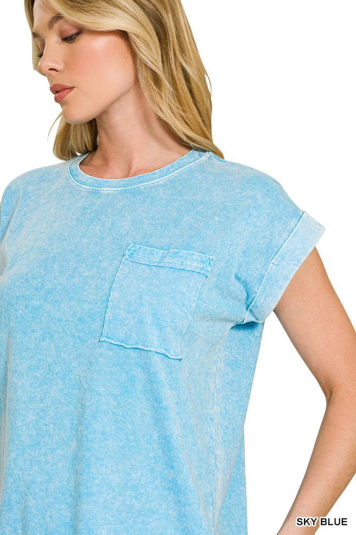 Snow-washed cuffed short sleeve tee with chest pocket