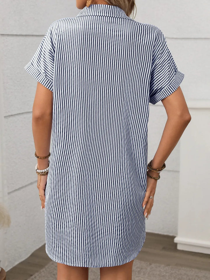 Striped button-down short sleeve mini shirt dress