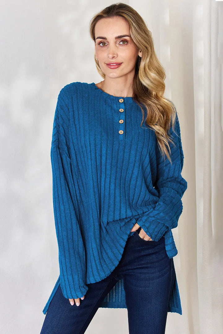 Sky Blue Ribbed knit half-button long sleeve high-low top