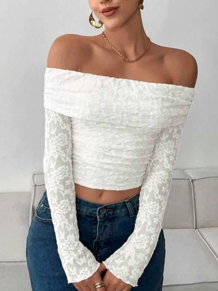 White Floral lace off-shoulder crop top with long sleeves
