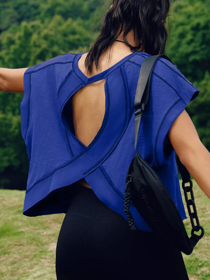 Cutout back boxy crew neck tee with exposed seams