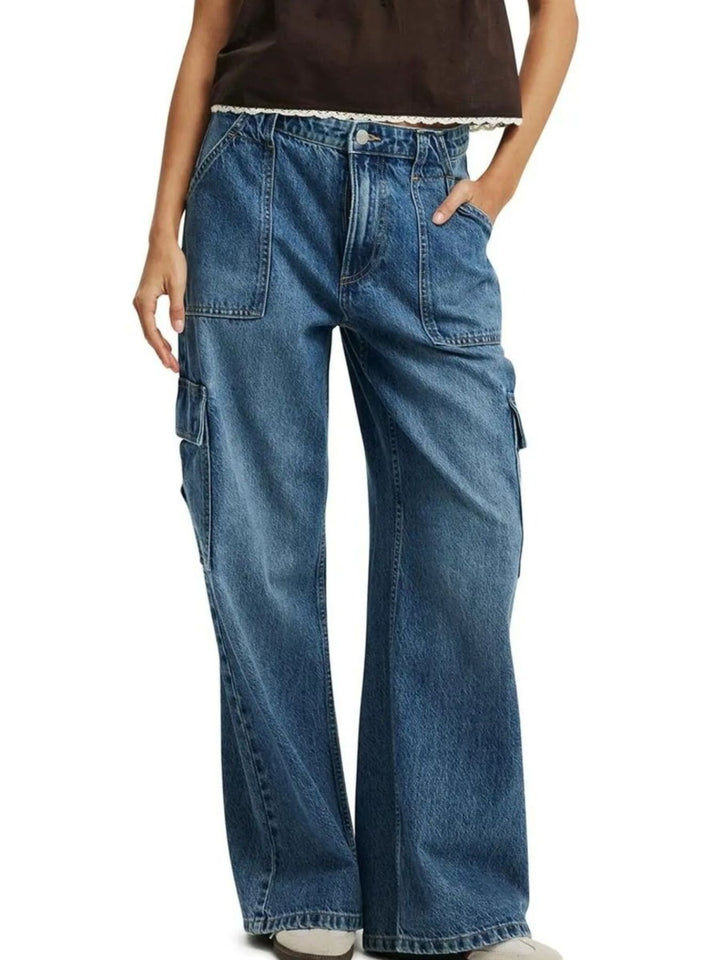 Wide leg cargo jeans with side flap pockets