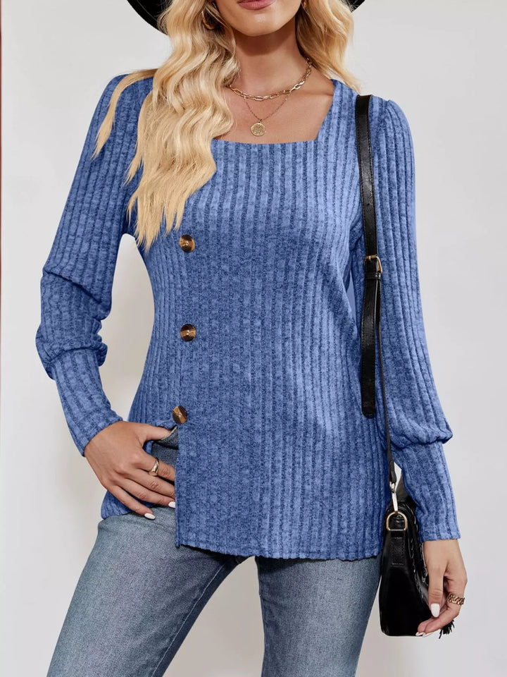 Blue Ribbed knit square-neck top with button trim and side slit