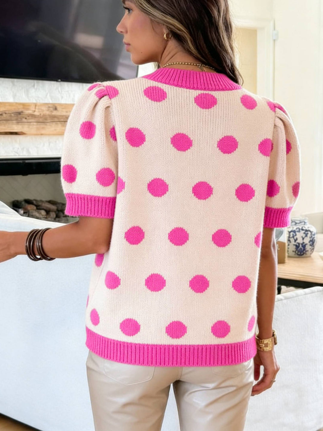 Polka dot puff sleeve V-neck sweater top