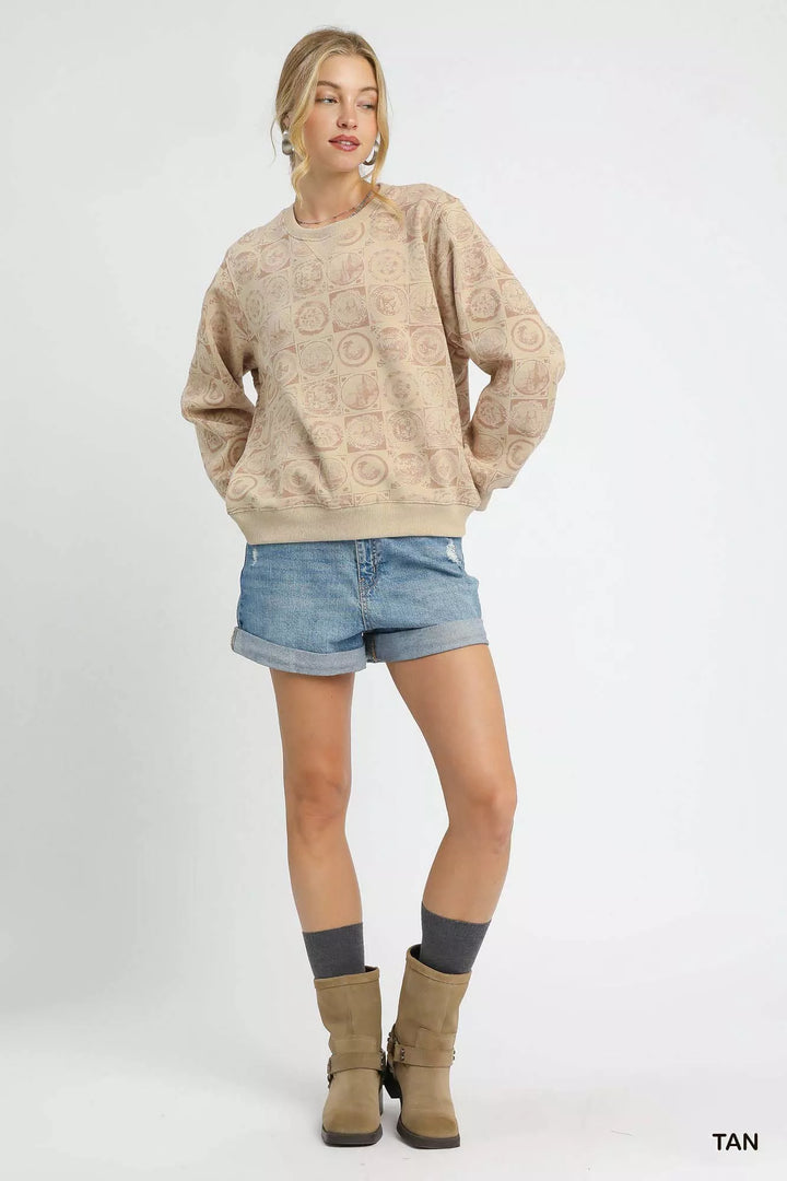 Coin stamp print pullover sweatshirt with ribbed trim