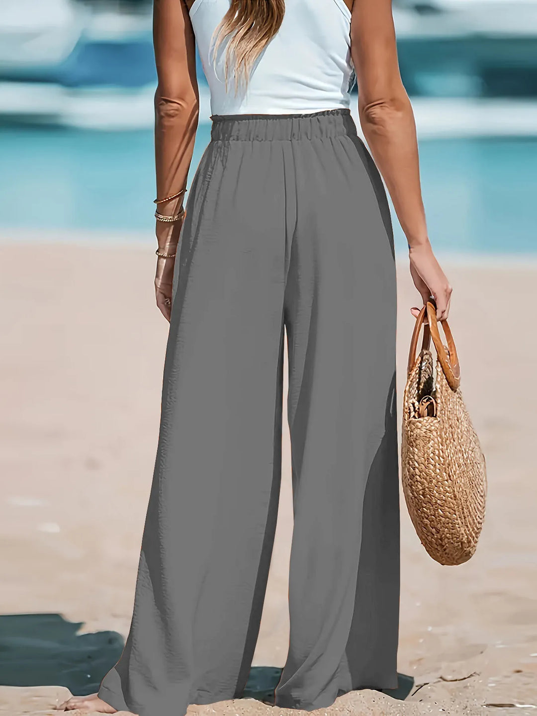 Paper-bag waist wide-leg pants with drawstring tie