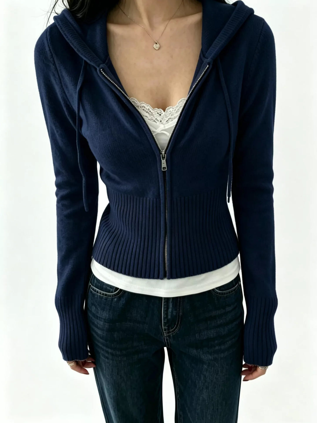 Navy Blue Ribbed knit zip-up cropped hooded cardigan