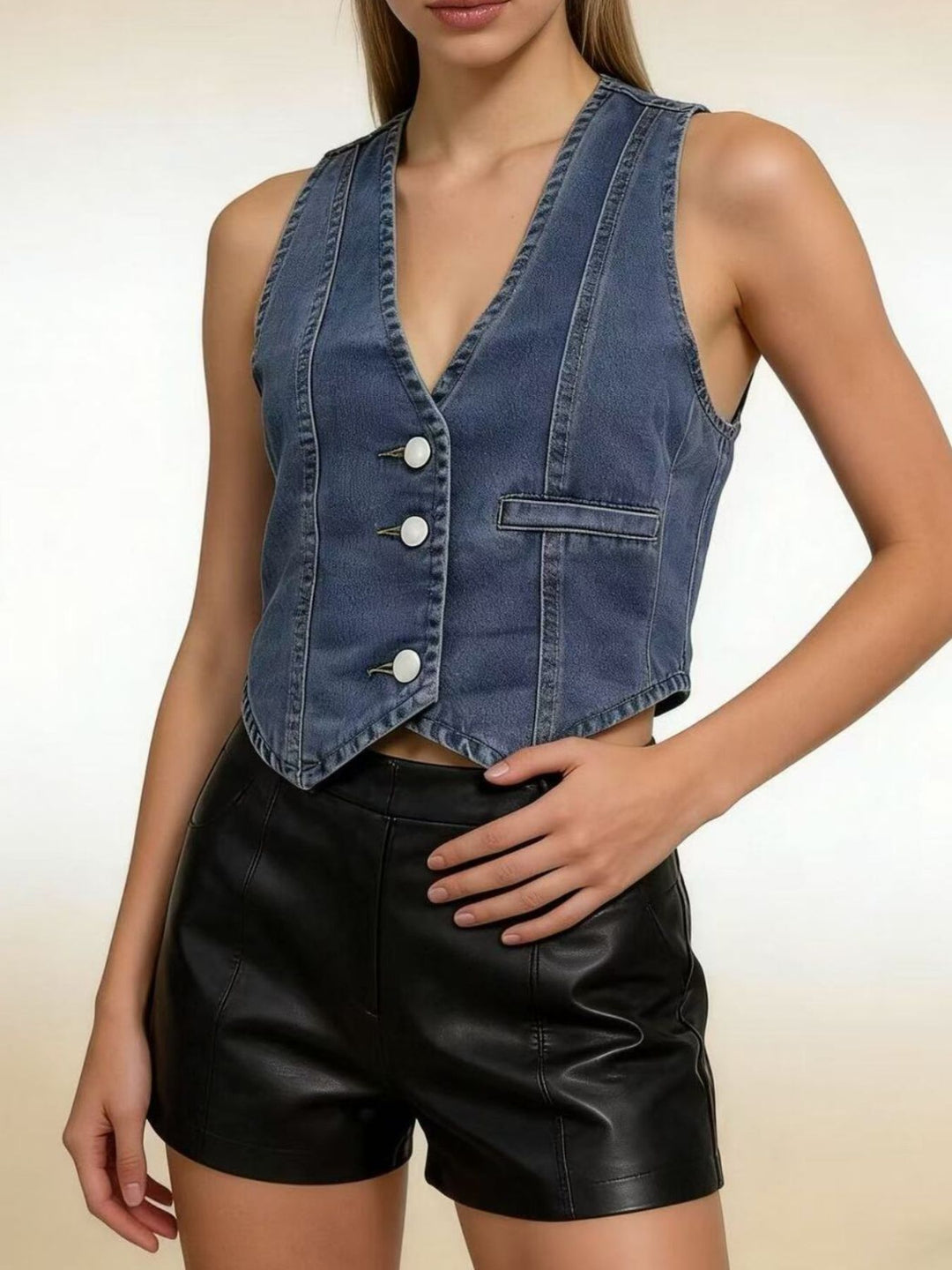 Cropped denim button-down vest with V-neckline